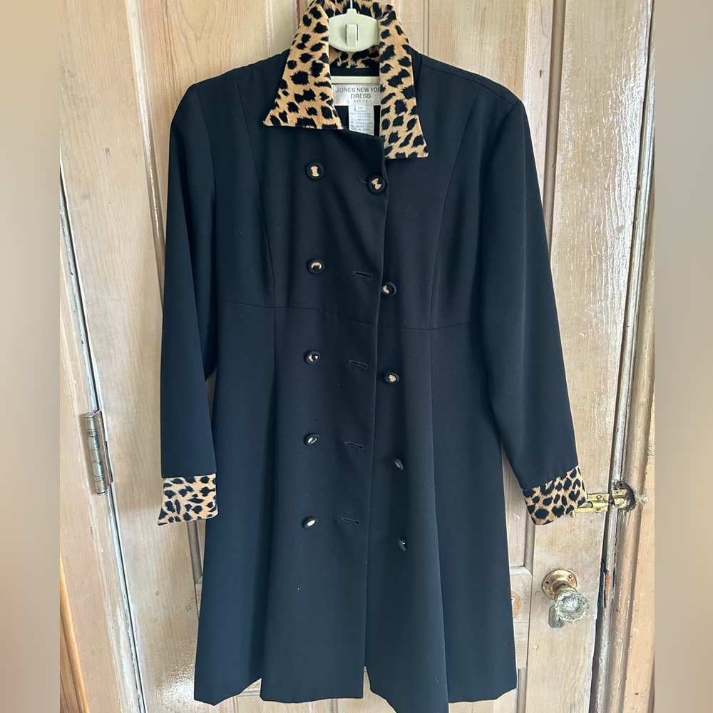 Vintage Jones New York Black Coat with Leopard Print Trim